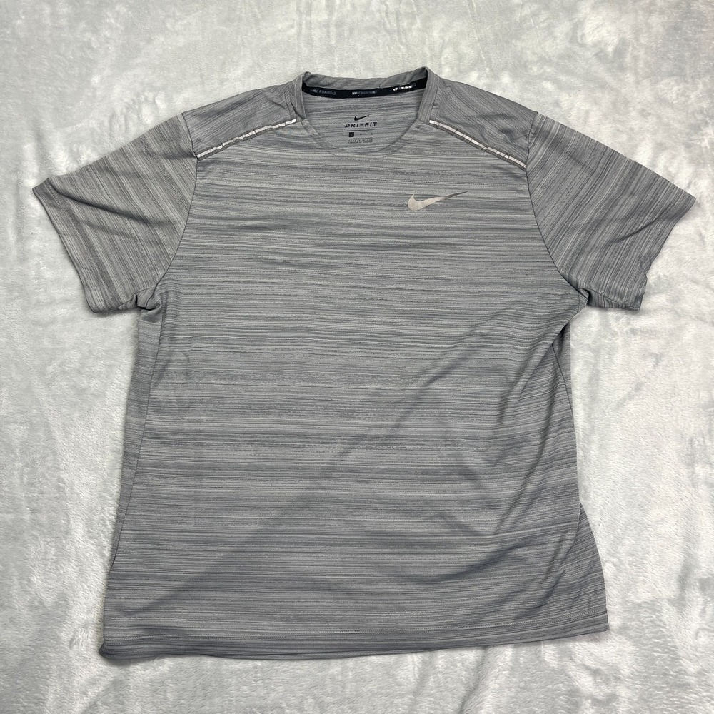 Nike Dri-Fit Shirt Mens Large Gray Swoosh Logo Gym Training Pullover Running Tee